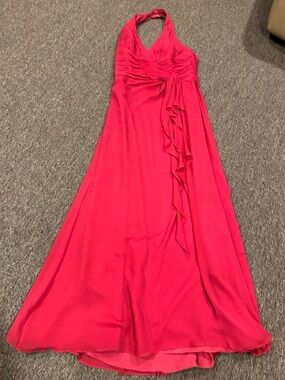 EUC! David's Bridal Open Shoulder Halter Sz 8 Ruffle Gown Dress Bright Red
